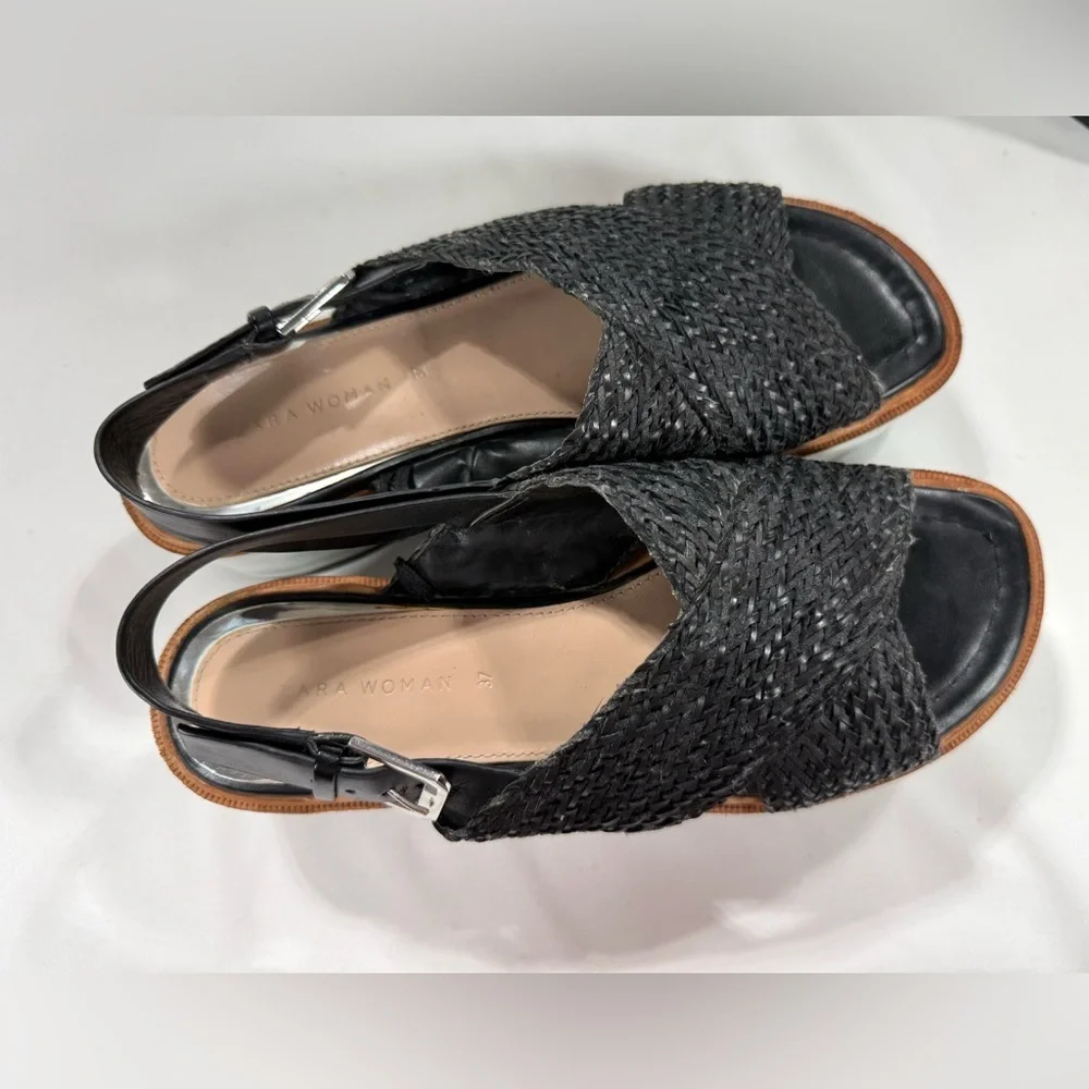 Zara Black and White woven sling back Platform Sandals size 7